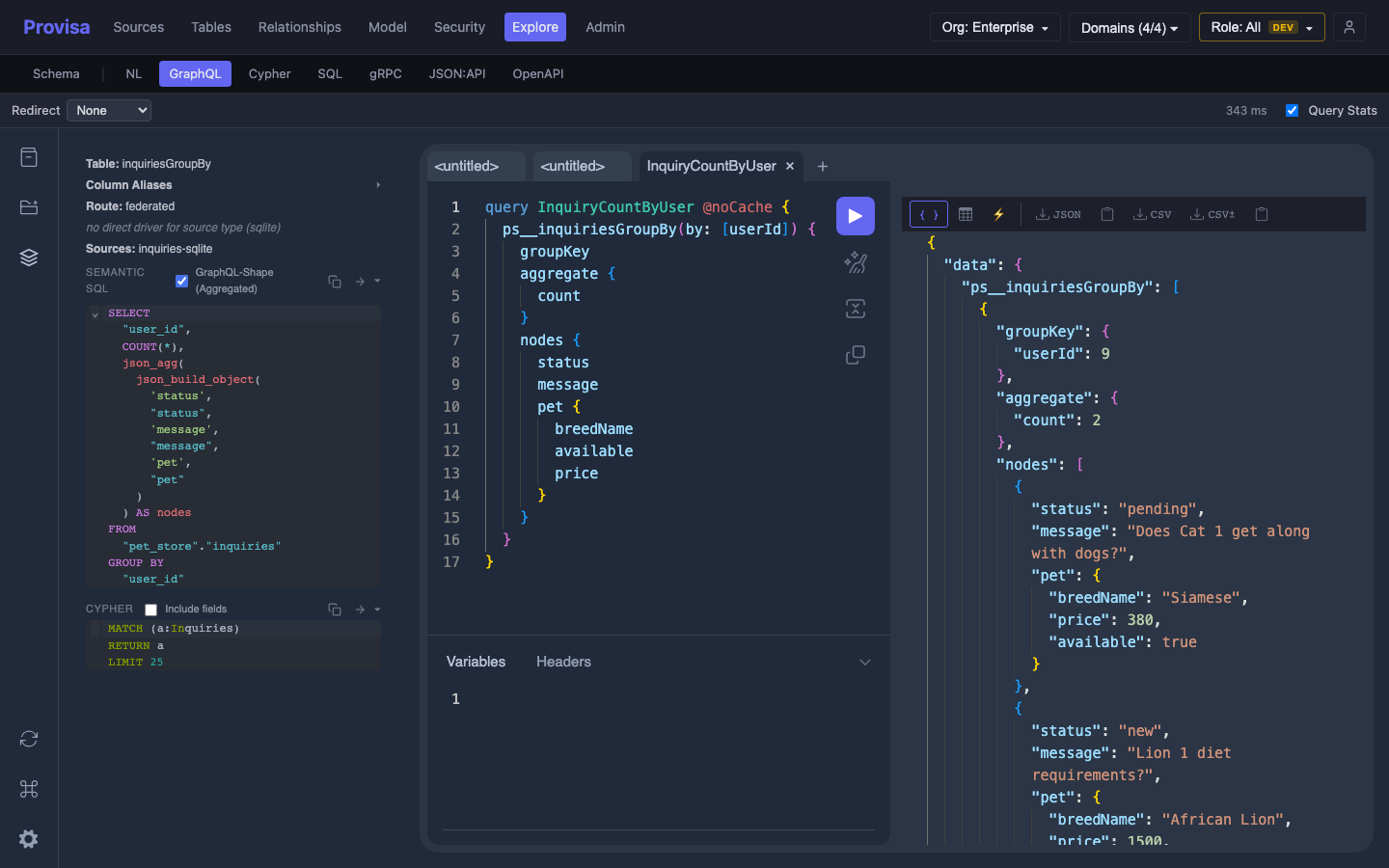 The Query Language Explorer: a GraphQL query with its live Semantic SQL and Cypher translations in side panels.